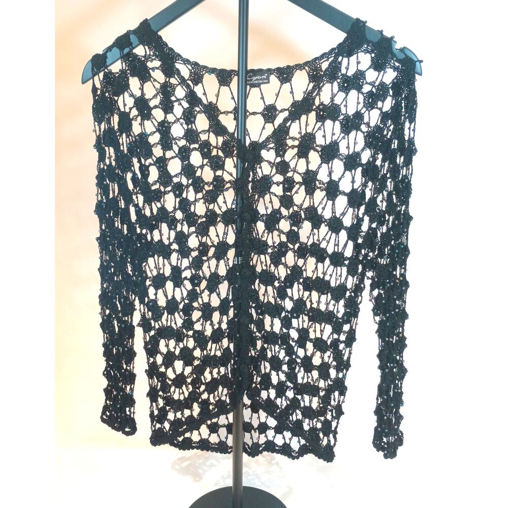 CEJION Wms Black Stretch Crochet & Beaded Fishnet Mesh Cardigan Top S/M